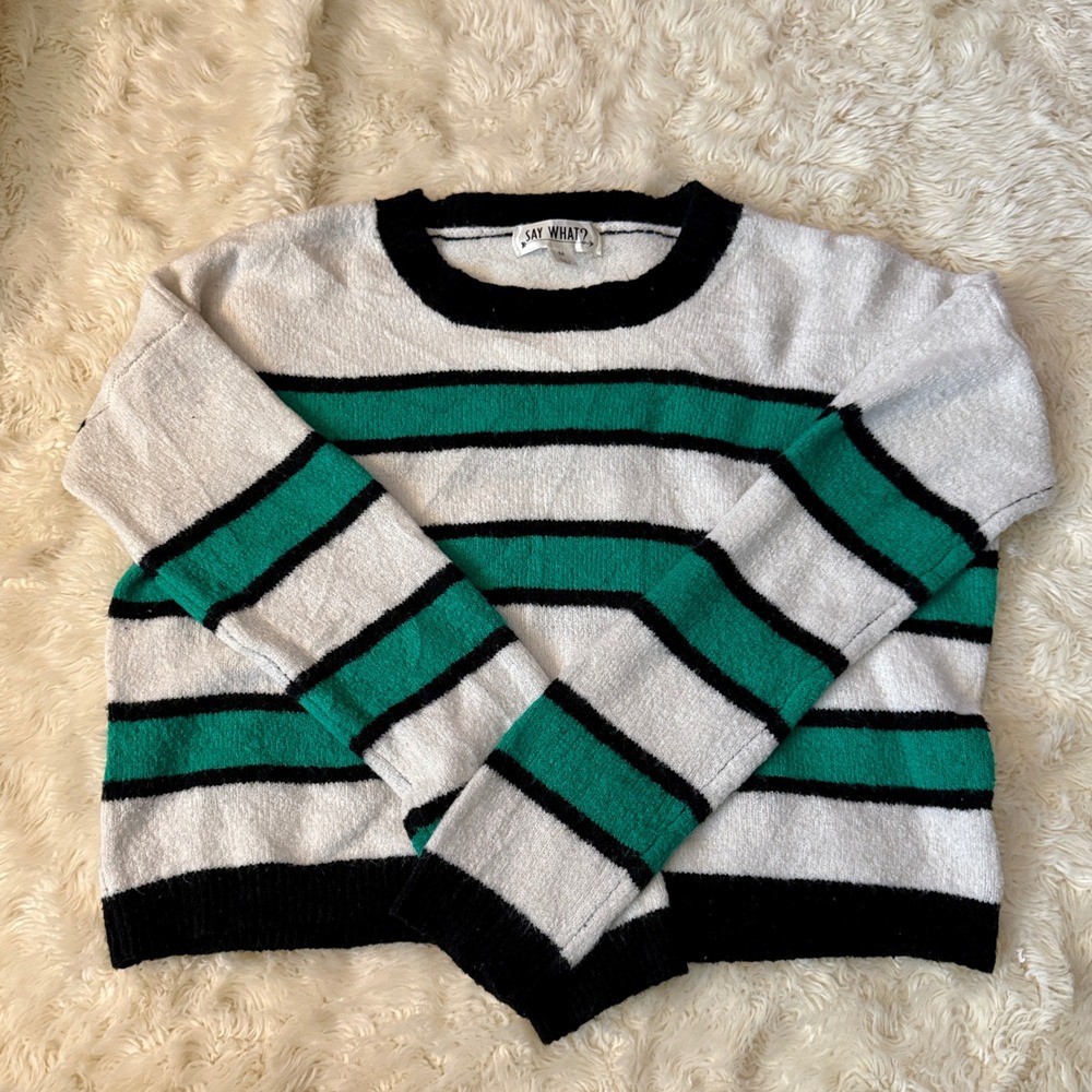 Say What? Striped Sweater‎ Women Medium Green White Black Fuzzy Cropped